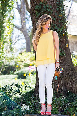 Slim-fit pants,  High-heeled shoe: High-Heeled Shoe,  Slim-Fit Pants,  Yellow Outfits Girls  