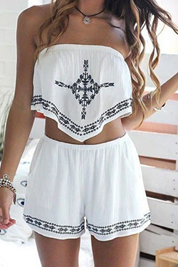 Loose fitting crop tops: Casual Summer Outfit,  Romper suit,  Sleeveless shirt,  Strapless dress,  White Top  