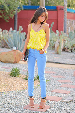 Color combination of jeans and top: Slim-Fit Pants,  Jeans Fashion,  Yellow Outfits Girls  