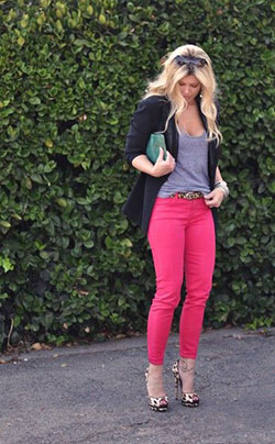 Pink jeans outfit with marled grey cardigan: Slim-Fit Pants,  Jeans Fashion,  Pink Jeans,  Cardigan  