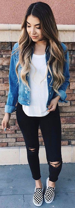 Casual outfits with checkerboard vans: Black Jeans Outfit,  Jean jacket  