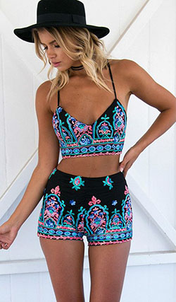 Bohemian Crop Top Two Piece Outfits: Backless dress,  Spaghetti strap,  Crop top,  Teen outfits  