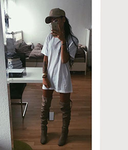T shirt dress with knee high boots: Boot Outfits,  Knee highs,  Chap boot  