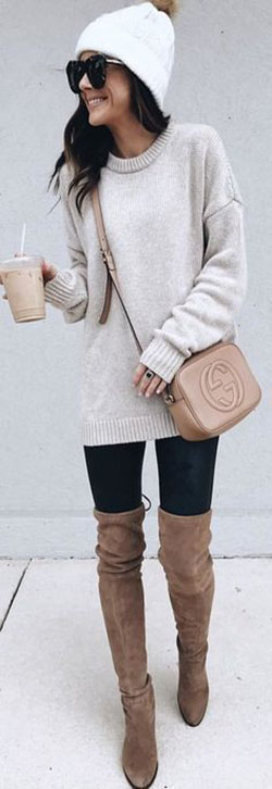 Oversized beige sweater outfit ideas: winter outfits,  Boot Outfits  