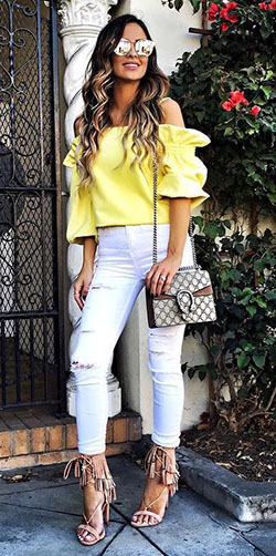 Mine yellow off the shoulder: High-Heeled Shoe,  Slim-Fit Pants,  High Waisted Jeans,  White Pumps,  yellow top,  Off Shoulder  
