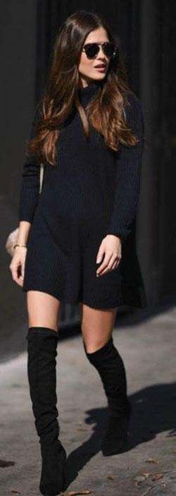 Thigh high boots with black dress: Boot Outfits,  Over-The-Knee Boot,  Knee highs,  Chap boot  
