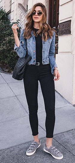 Outfit ideas with jean jacket: Black Jeans Outfit,  Jean jacket,  Slim-Fit Pants  
