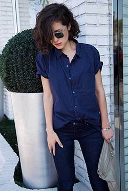 Dark blue blouse outfit: Slim-Fit Pants,  shirts,  Navy blue  