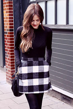 Black and white checked skirt outfit: Polo neck,  Skater Skirt,  Skirt Outfits  