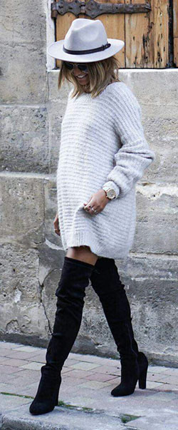 Oversized sweater and boots: Slim-Fit Pants,  Boot Outfits,  Over-The-Knee Boot,  Chap boot  