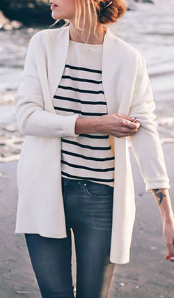 White cardigan outfit ideas: Casual Winter Outfit,  Stripe Sweater,  Cardigan  