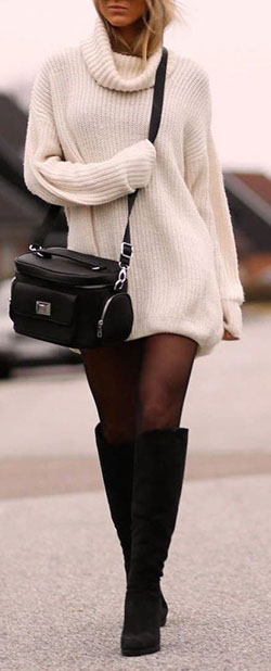 Oversized sweater dress outfits: winter outfits,  Polo neck,  Boot Outfits  