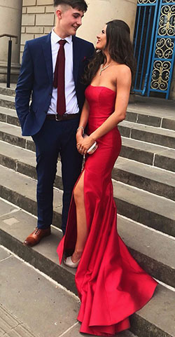 Prom red dress mermaid: Wedding dress,  Evening gown,  Spaghetti strap,  Bridesmaid dress,  Ball gown,  Prom Outfit Couples  