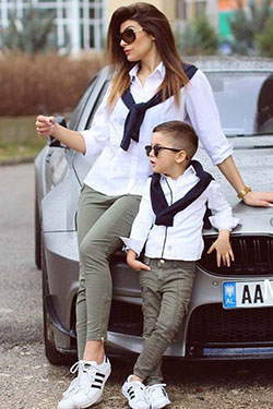 Mother and son wearing matching clothes: party outfits,  Mom And Son  