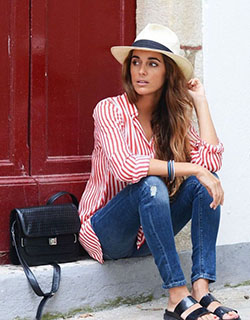 Red and white striped shirt outfit: Panama hat  