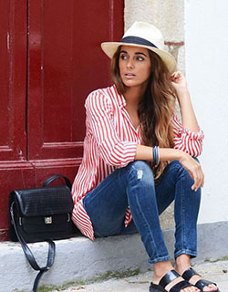 Red and white striped shirt outfit: 