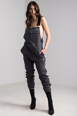 Champion superfleece overall jumpsuit with black boots: Champion Overalls Outfits  