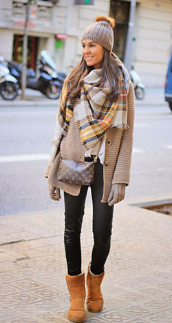 Brown ankle boots and leggings with checked scarves: winter outfits,  Snow boot  