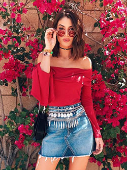 Denim skirt and red top: Denim skirt,  Sleeveless shirt,  Red top  