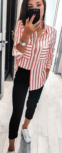 Casual Red And White Striped Outfit: shirts,  Mom shirt  