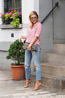 Red striped shirt with Denim jeans: Slim-Fit Pants  