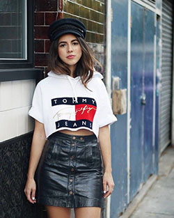 Hilfiger crop top outfit with leather skirt: Crop top,  shirts,  Leather skirt,  Tommy Hilfiger,  Tommy Hilfiger Tops,  White Top  