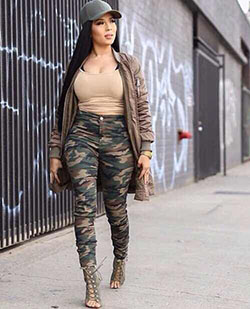 Beauties choice camo outfit, High Waisted Jeans: Slim-Fit Pants,  Military camouflage,  Military Outfit Ideas,  Camo Joggers  
