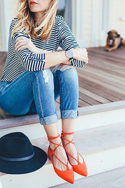 Casual Blue And White Striped Outfit: High-Heeled Shoe,  Stiletto heel,  Ballet flat,  Platform shoe,  Striped Outfit Ideas  
