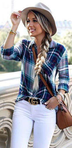 Blue Flannel Outfit Women For Collage: Slim-Fit Pants,  shirts,  Flannel Shirt Outfits  