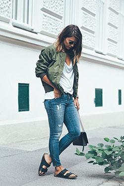 Jeans Outfits With Birkenstocks For Girls: winter outfits,  Flight jacket,  Birkenstocks Outfits,  Birkenstock  