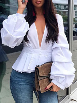Ruffle v neck long sleeve white blouse for summers: Bell sleeve,  Long-Sleeved T-Shirt,  Casual Blouse,  Summer Cotton Outfit,  Long Sleeve,  White Blouse  