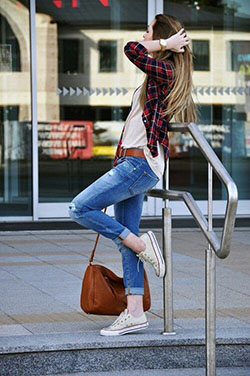 Cute Outfits With Flannel Around Waist: Slim-Fit Pants,  Flannel Shirt Outfits,  Plaid Shirt  