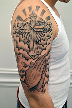 Cross tattoo with clouds, Sleeve tattoo: Body piercing,  Sleeve tattoo,  Tattoo artist,  Religious Tattoos  