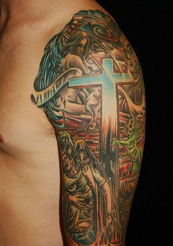 Spiritual Catholic Christian Sleeve Tattoo Designs: Face tattoo,  Sleeve tattoo,  Body art,  Religious Tattoos,  Christian cross  