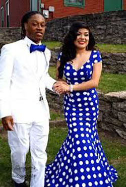 Blue Polka Dot High School Homecoming Couples Outfits: Backless dress,  Classy Fashion,  Homecoming Outfits  