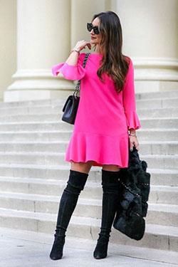 Hot Pink And Black Outfits With Long Boots: Pink Outfits Ideas  