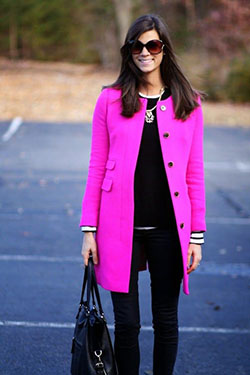 Hot Pink And Black Outfits, White trench coat, Fur clothing: winter outfits,  Fur clothing,  Fake fur,  Trench coat,  Pink Outfits Ideas  