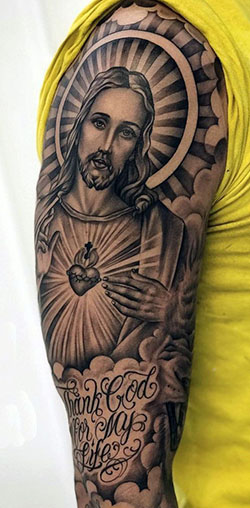 Christianity Religious Half Sleeve Tattoos For Men: Sleeve tattoo,  Body art,  Tattoo artist,  Religious Tattoos,  Psychedelic Tattoo  