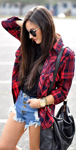 Red Check Shirt For Girls With Shorts: Denim Shorts,  Flannel Shirt Outfits  