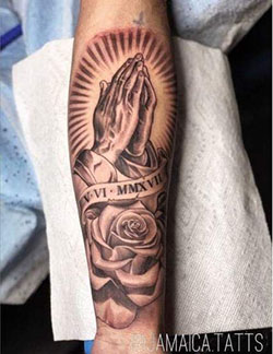Forearm prayer hands tattoo with roses: Sleeve tattoo,  Black rose,  Tattoo Ideas,  Religious Tattoos  
