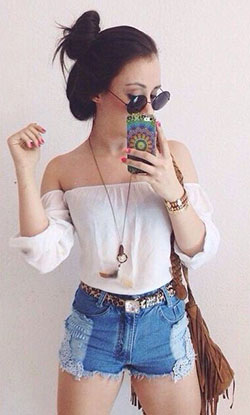 Shorts Comfy Cute Summer Outfits With Messy Bun: Denim skirt,  Messy Bun Outfits  