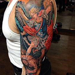 Best 2019 Saint Michael Tattoo With Multicolor: Sleeve tattoo,  Tattoo Ideas,  Body art,  Tattoo artist,  Religious Tattoos  