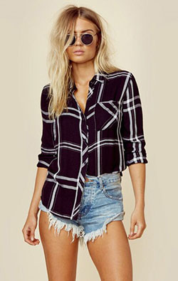 Check styling ideas for「Flannel Checked Shirt、High-Rise Denim Shorts」