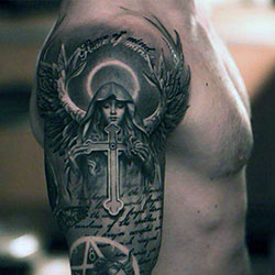 Angel holding cross tattoo, Sleeve tattoo: Sleeve tattoo,  Religious Tattoos  