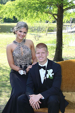 Matching Dark Blue Senior Prom Couples: Flower Bouquet,  Homecoming Outfits,  Prom Suit  