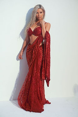 Kim Kardashian In Red Saree: Kim Kardashian,  Leather Dress,  Hollywood Celebrities In Saree,  Hot Girls In Saree,  Red Dress  