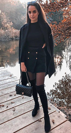 Over-the-knee boot with skirt outfit for cold weather: winter outfits,  Over-The-Knee Boot,  Boot Outfits,  Trench coat,  Skirt Outfit Winter  
