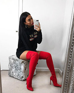 Outfits baddie thigh high boots red: High-Heeled Shoe,  Boot Outfits,  Over-The-Knee Boot,  Chelsea boot,  Swag outfits,  Chap boot  