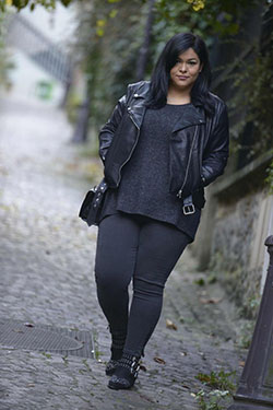 All black outfit women plus size: winter outfits,  Leather jacket,  Plus size outfit,  Petite size,  Plus-Size Model,  Legging Outfits  