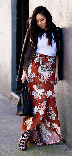 Ootd floral maxi skirt, Leather skirt: Long Skirt,  Maxi dress,  Floral Skirt,  Wrap Skirt,  Floral Outfits  